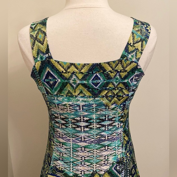 Creation Blue Turquoise Green Aztec Tribal Print Sleeveless Swing Midi Dress S - Picture 8 of 12
